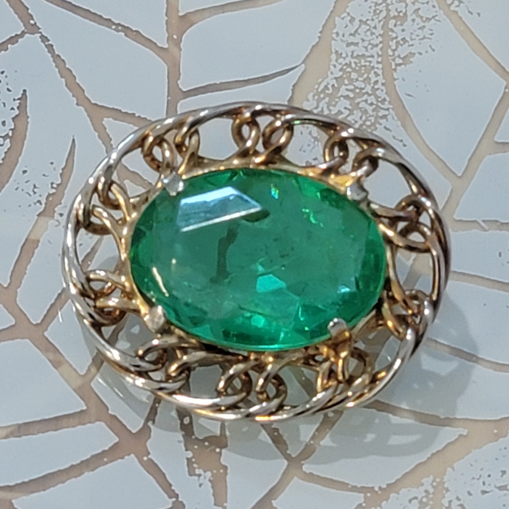 Vintage Chunky Pin Brooch Gold & Silver Tone Green Faux Emerald